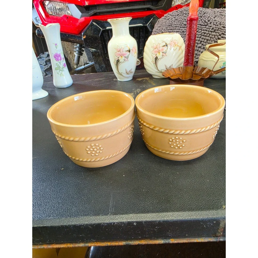 JM Smucker Co Tan Ceramic Bowls Set of 2 Embossed Rope Dot Crocks Vtg Style